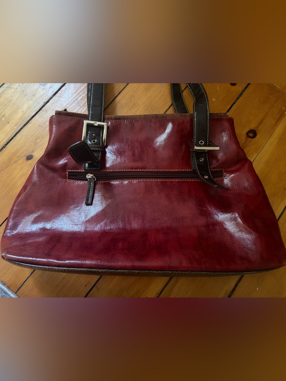 Burgundy & Dark Brown Two-Tone Leather Shoulder Bag with Silver Hardware - Picture 3 of 9
